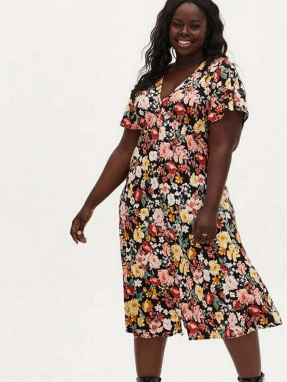 torrid Black Floral V-Neck Button Front Midi Dress Size 18